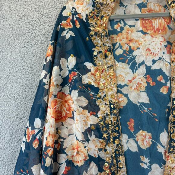 Boho Wrap Floral Art Scarf 35x89 Beachy Sarong Gold Sequins Teal Blue Peach - Picture 6 of 8